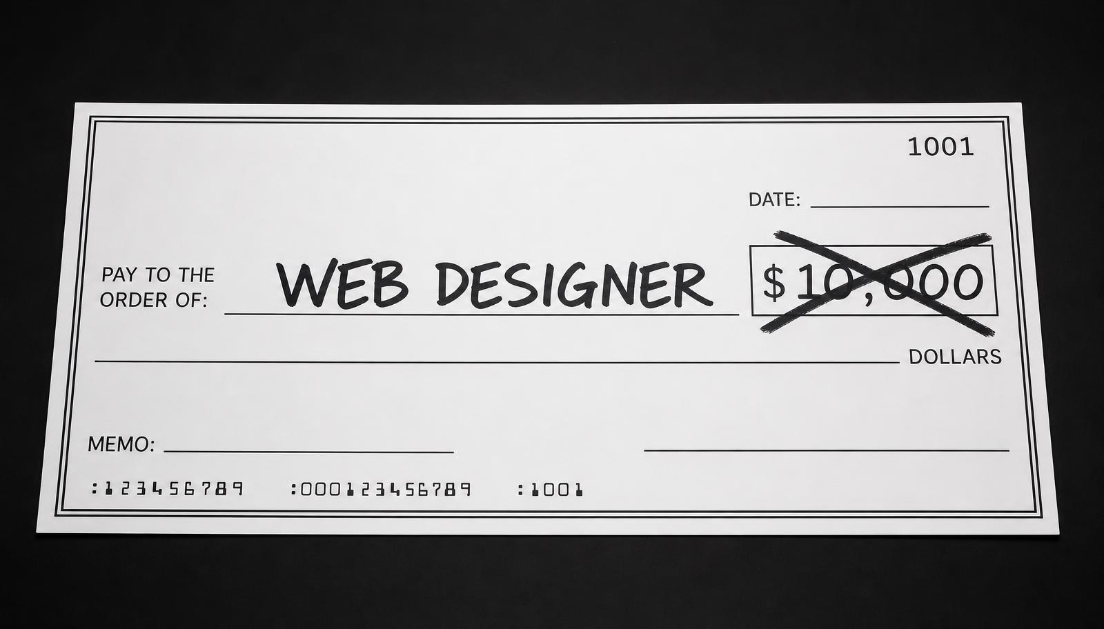Oversized $10,000 check made out to a web designer, crossed out with black marker