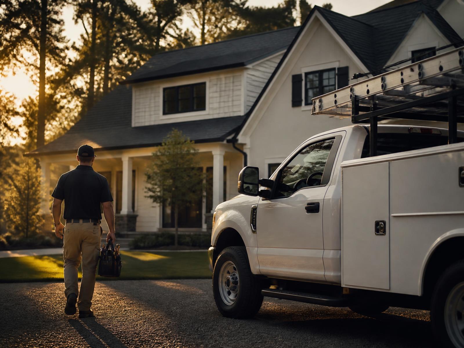Contractor walking to a service truck outside a finished home